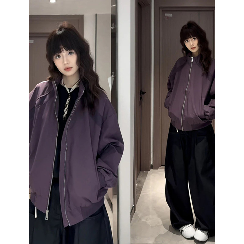 紫色美式立领夹克男款春季潮牌高级感解构拼接外套痞帅小众棒球服