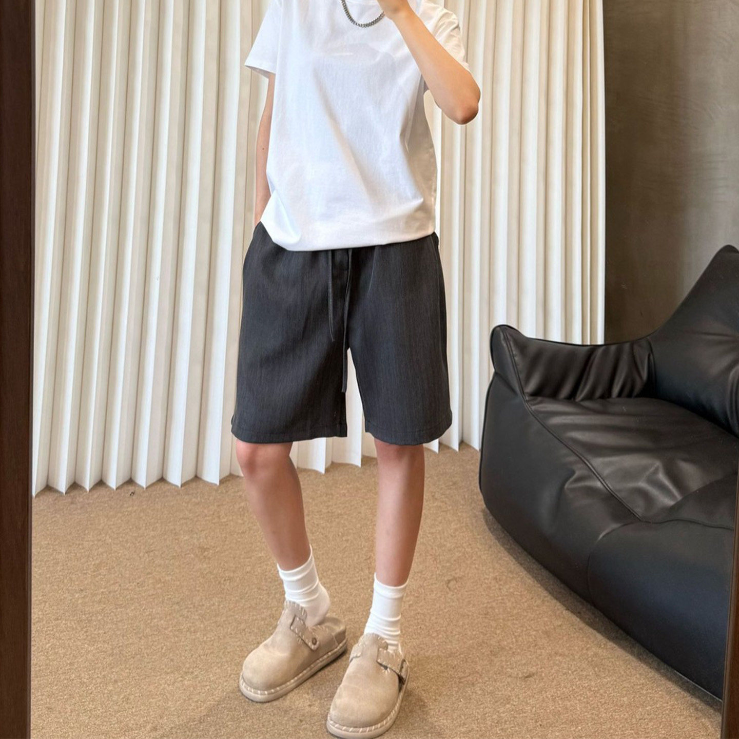 老钱风竖条宽松男五分休闲短裤