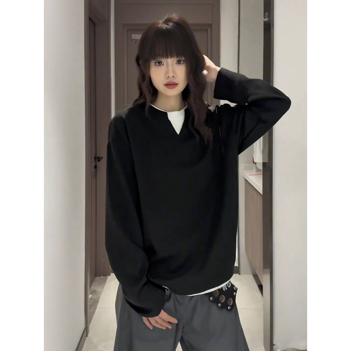 美式假两件黑色加绒卫衣男高级感重磅华夫格长袖t恤秋冬内搭打底