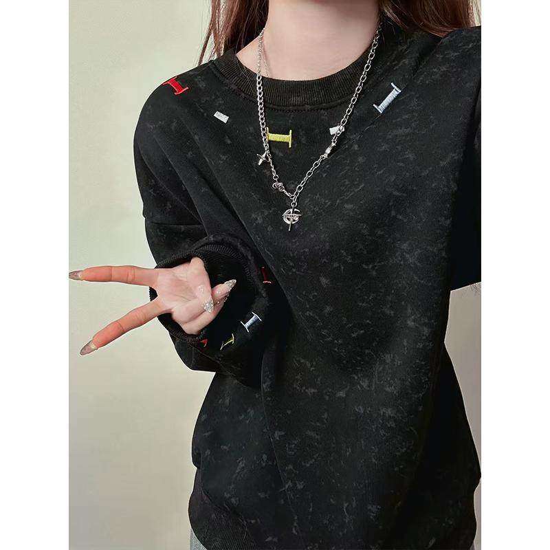 美式黑色刺绣圆领卫衣男款春秋新款正肩长袖T恤高级感内搭打底衫