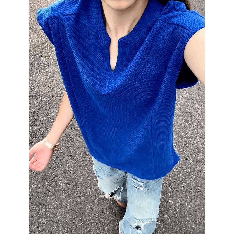 蓝色龙鳞纹透气V领背心男夏季美式肌理感无袖t恤运动健身坎肩汗衫