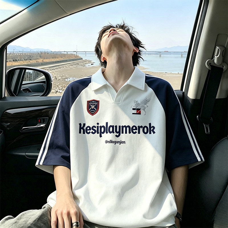 白色拼接机车风短袖男夏季高级感痞帅正肩t恤美式球衣翻领Polo衫