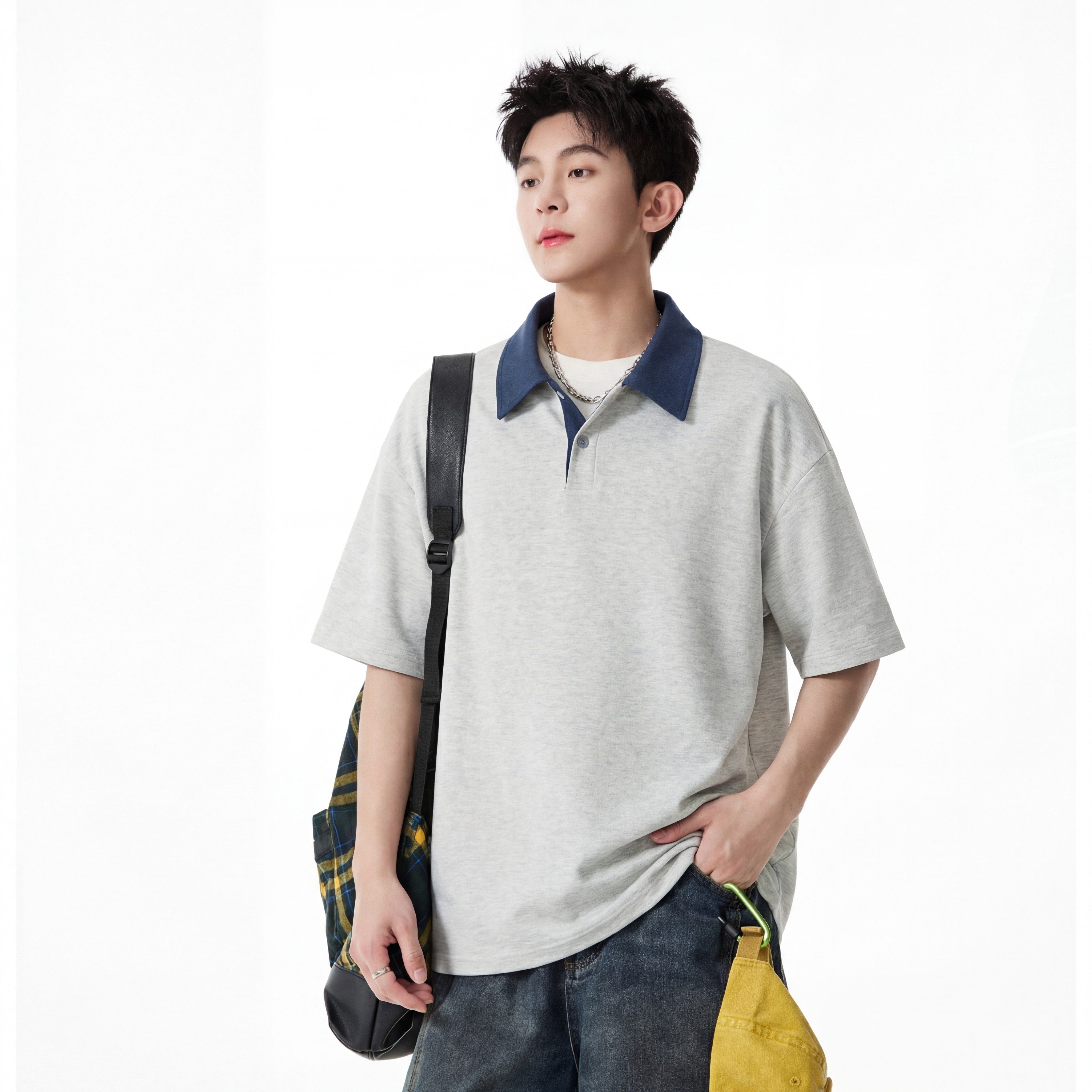 美式撞色POLO衫短袖男生夏季潮牌重磅宽松痞帅正肩T恤衫上衣男装