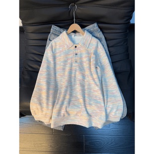 美式复古七彩扎染polo衫卫衣男款秋冬加绒加厚打底衫翻领长袖t恤