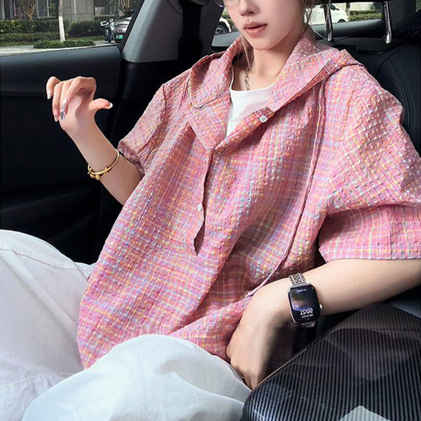 美式泡泡纱假两件连帽半袖衬衫