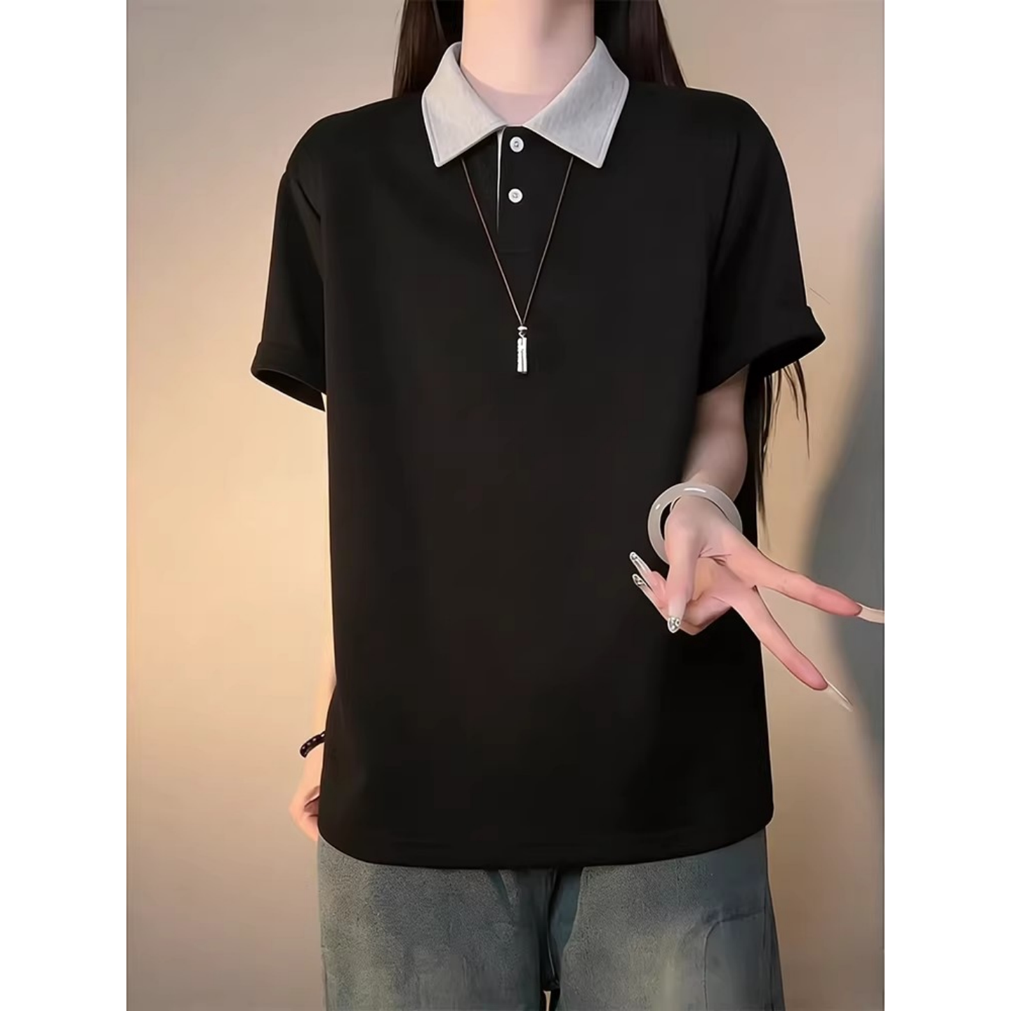 美式假两件正肩短袖男款夏cleanfit重磅翻领t恤高级感痞帅polo衫