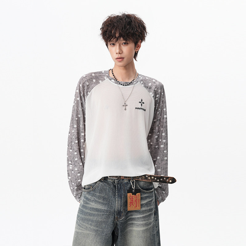 美式波点插肩撞色圆领长袖t恤男女秋薄纱设计感小众防晒罩衫上衣
