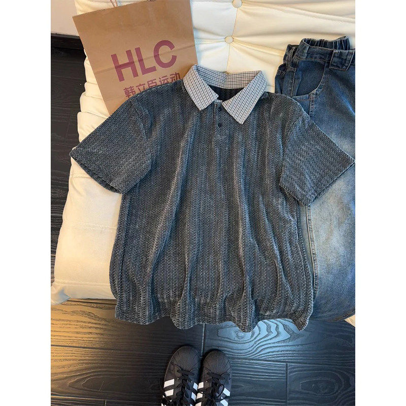 灰色鱼骨纹短袖Polo衫男女款夏季千鸟格拼接格子翻领t恤重磅半袖