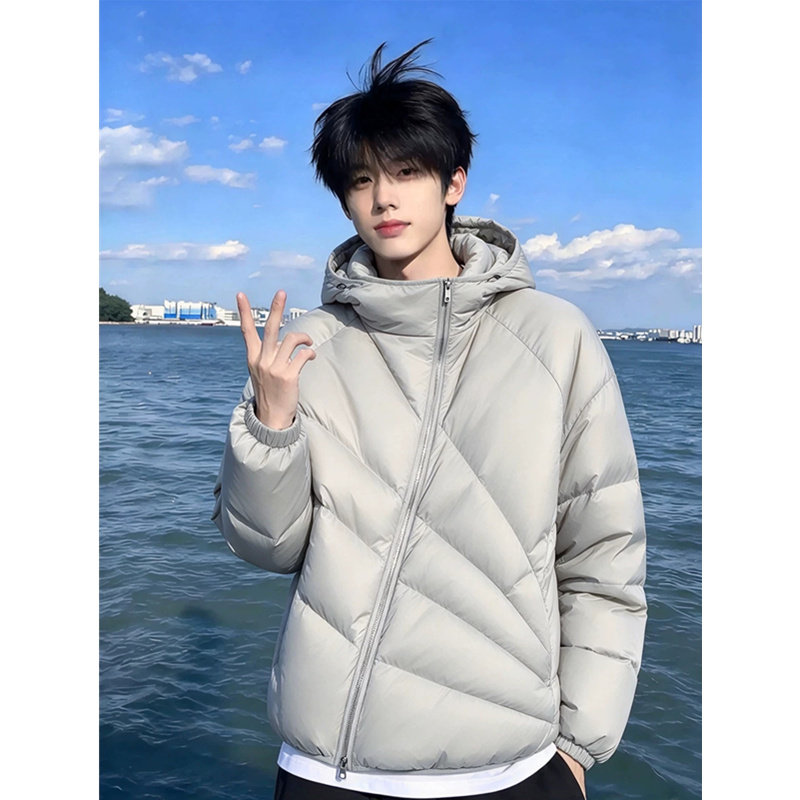 浅灰色放射线斜拉链羽绒棉服男冬季防风保暖排骨棉衣短款连帽外套