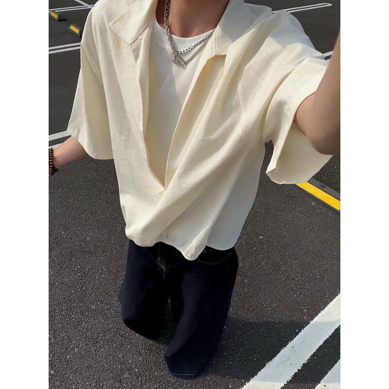 清新风短袖衬衫男款夏季高级感假两件翻领套头轻薄透气少年感衬衣