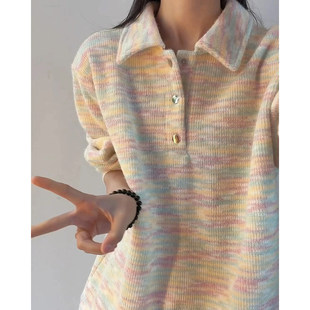 美式彩色polo领卫衣男女款秋冬加绒套头毛衣慵懒高级感内搭针织衫