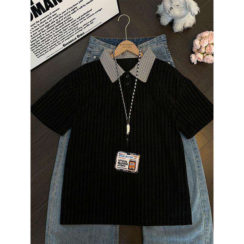 鱼骨纹假两件翻领短袖Polo衫男款夏季美式正肩t恤重磅高级感半袖