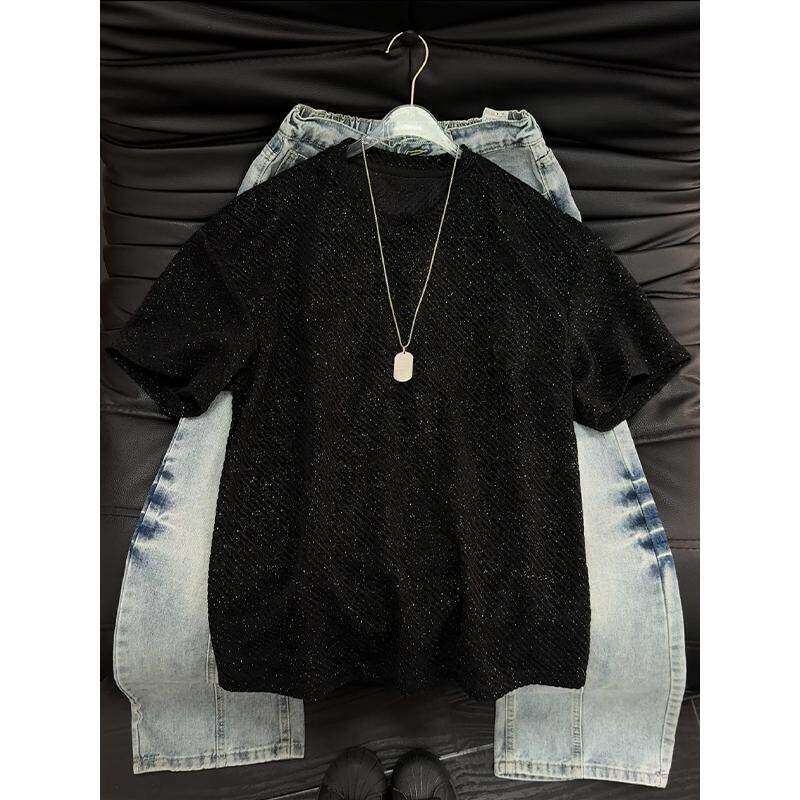 黑色重磅满天星短袖T恤男夏季cleanfit圆领正肩五分袖内搭打底衫