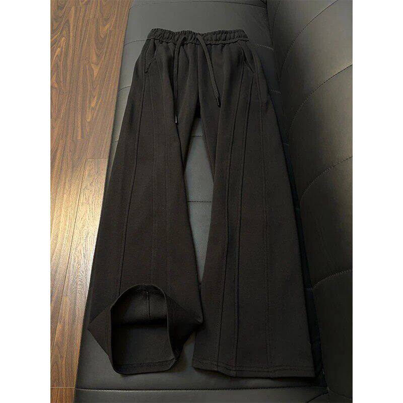 黑色弯刀斜切微喇卫裤男款春季cleanfit直筒显腿长裤子休闲运动裤