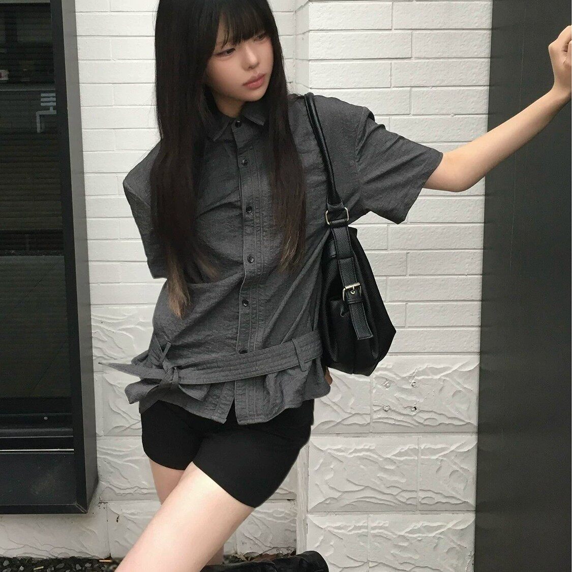 2026夏季短袖飘带收腰高级感衬衫