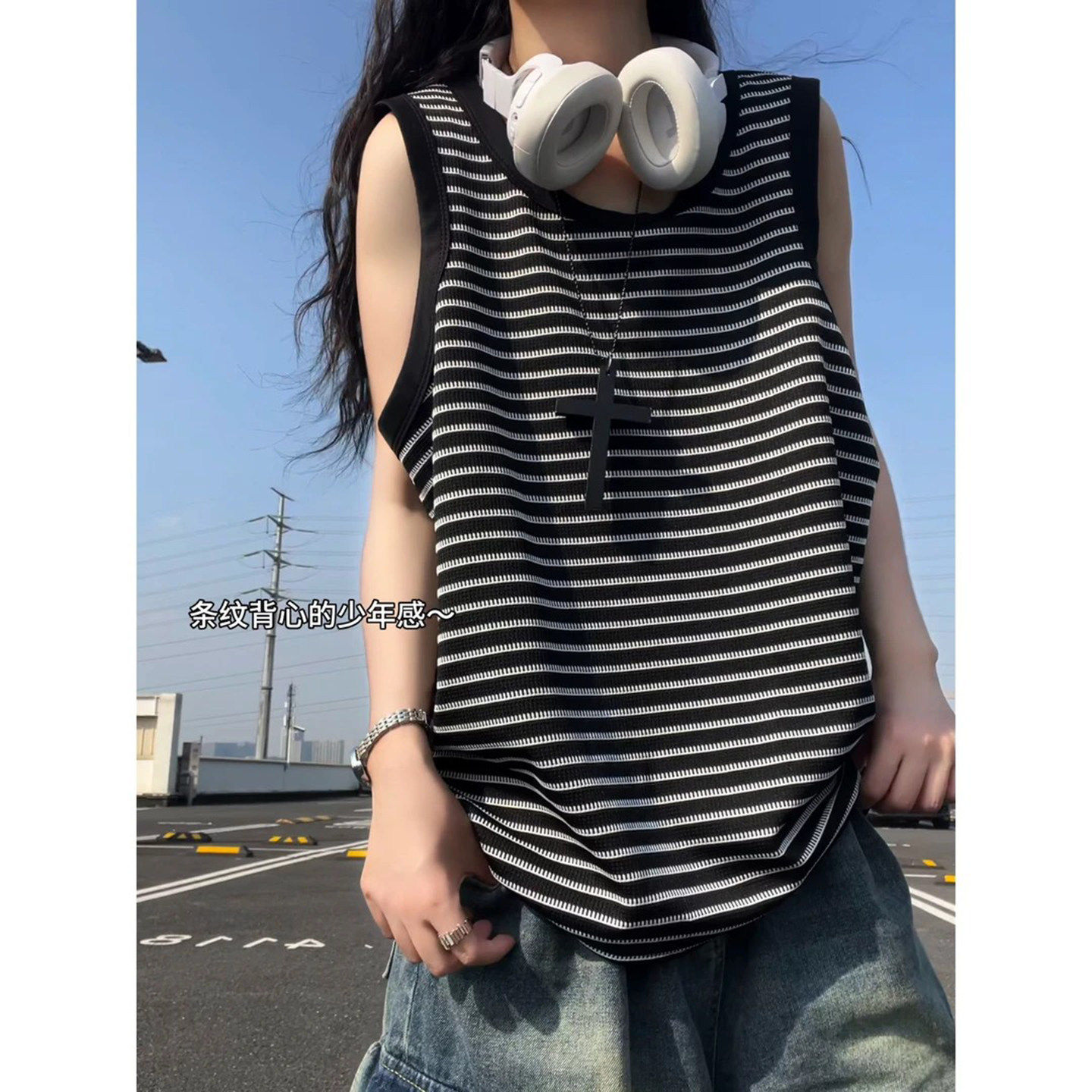 美式黑色条纹背心男夏季薄款外穿重磅无袖t恤慵懒风健身运动汗衫