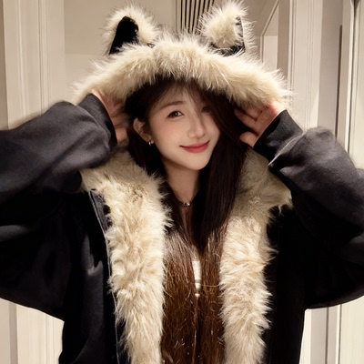 猫耳朵座山雕毛毛外套男女款巨好看的羽绒服男女秋冬季2025新款