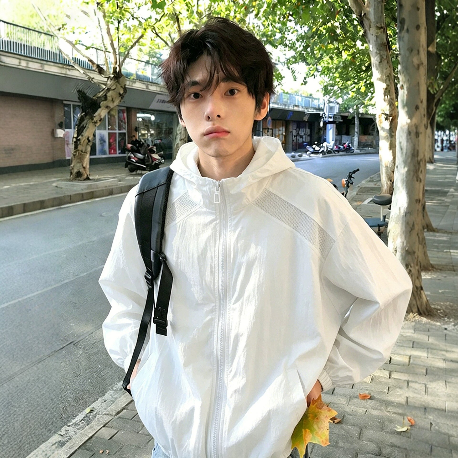 白色网眼速干防晒衣男夏季薄款连帽冲锋衣外套美式户外运动骑行服
