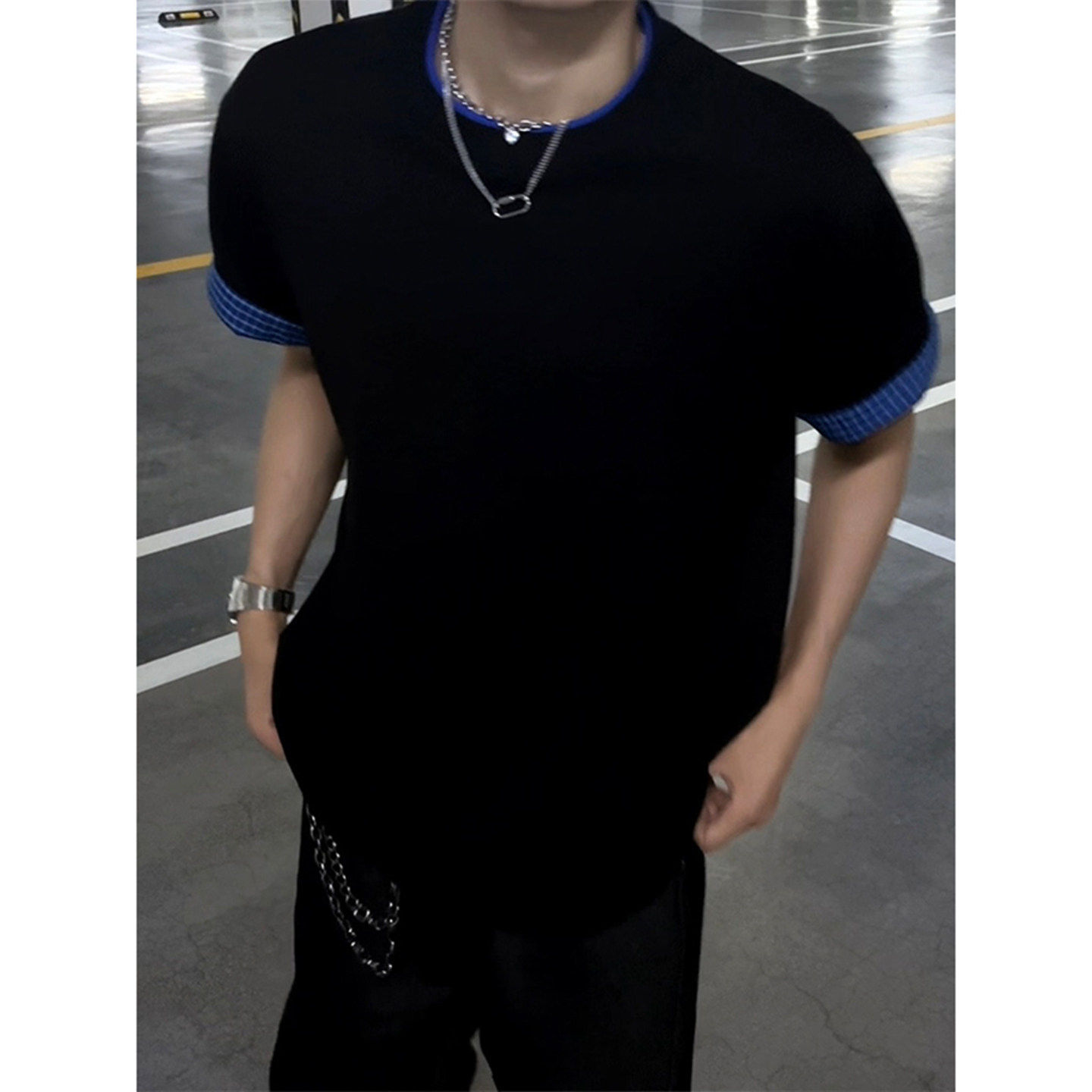 美式格子拼接重磅圆领短袖T恤男夏季高级休闲情侣款运动潮牌半袖