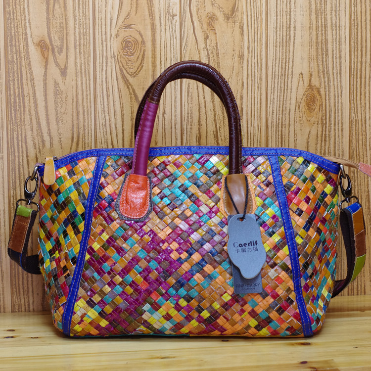 真皮女包新款潮包羊皮编织女包休闲百搭复古风手提包单肩斜挎女包