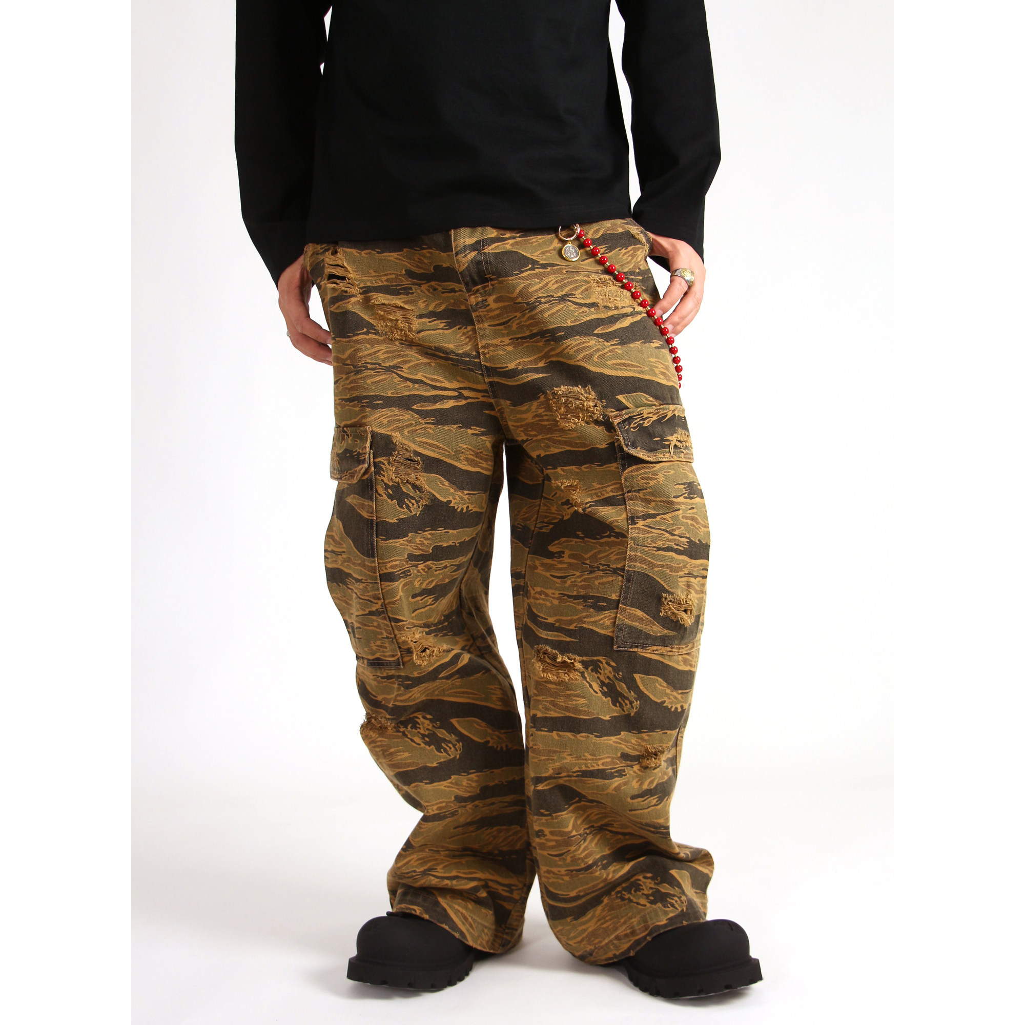 赤魂美式虎纹迷彩水洗破洞工装裤