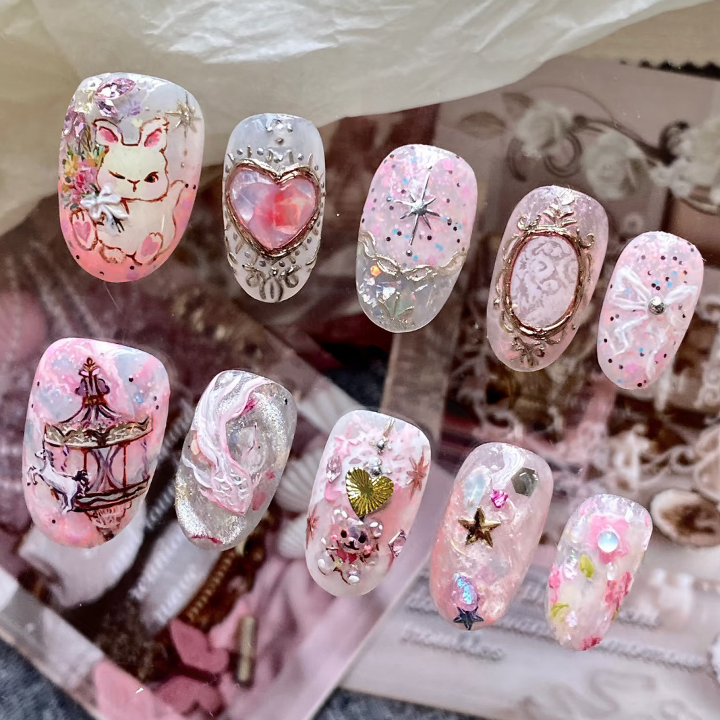 甜蜜梦幻童话乐园手工穿戴甲可爱粉色卡通动物兔熊美甲贴假指甲片