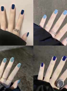 奶蓝色渐变短款方圆穿戴美甲贴