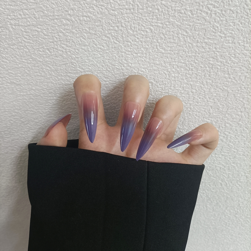 薰衣紫色渐变穿戴甲长尖形美甲贴欧美风辣妹cos童磨跨境假指甲片