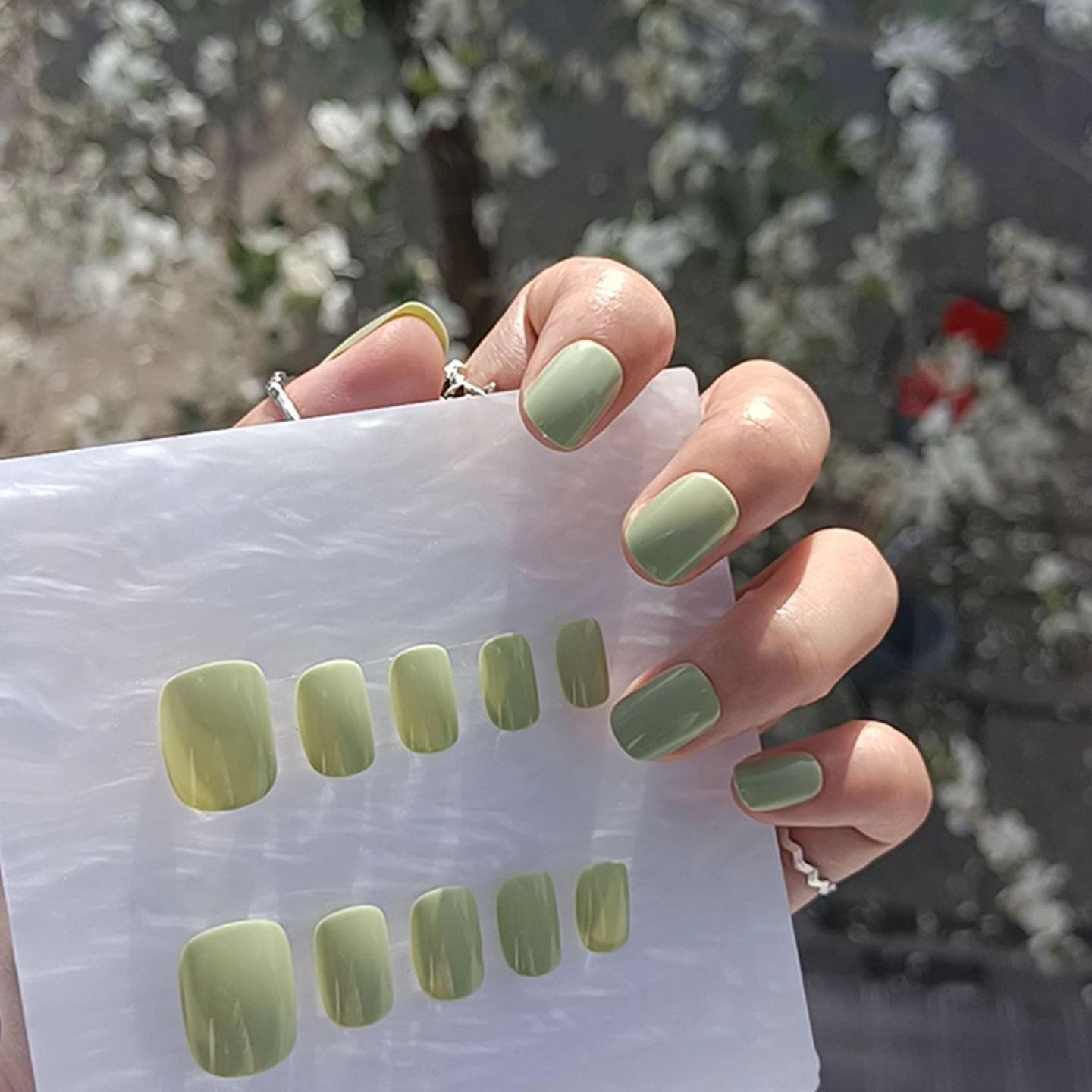 小清新baby绿色穿戴甲短方圆假指甲贴成品欧美简约夏日显白美甲片
