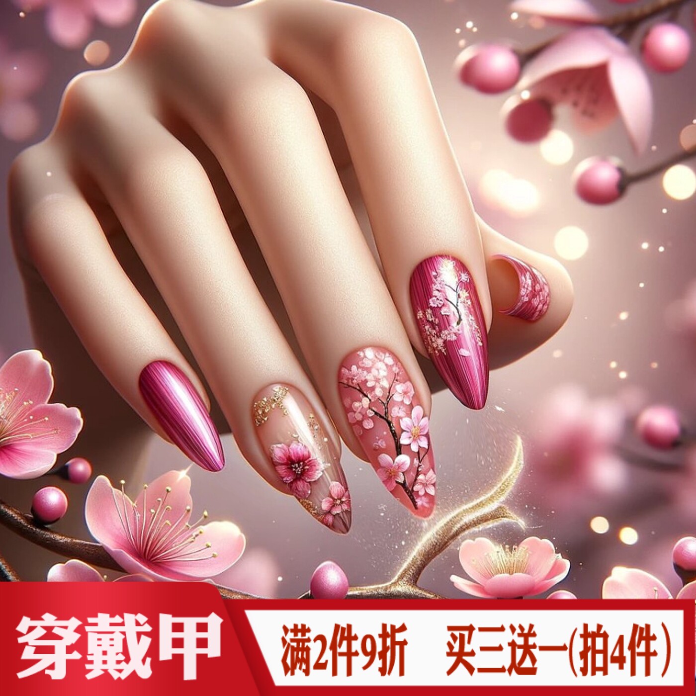 桃色如约穿戴甲中国风舞蹈玫红色桃花美甲贴杏仁尖头假指甲片成品