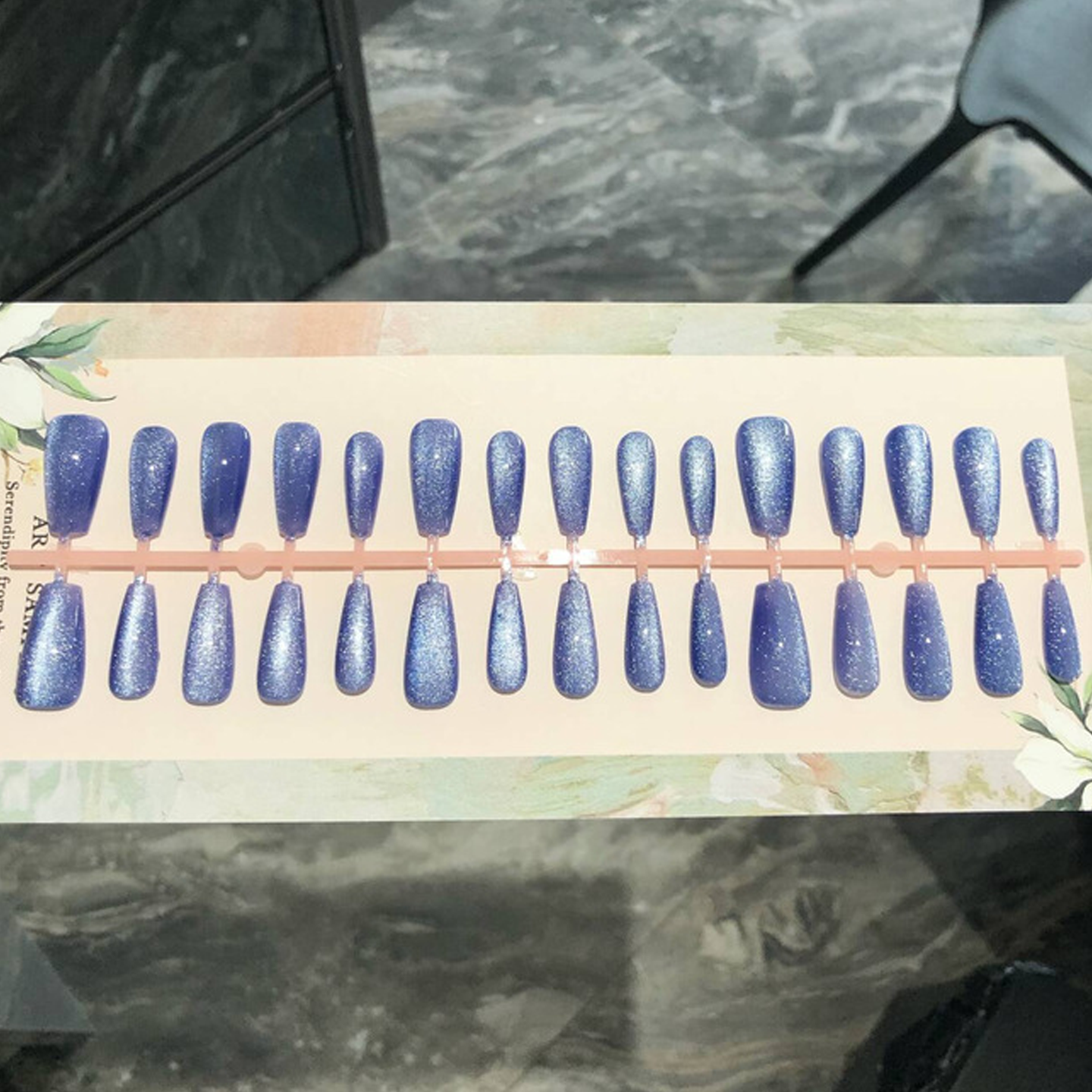 蔚蓝色晶石猫眼预制半成品穿戴甲 欧美辣妹美甲贴DIY条装假指甲片