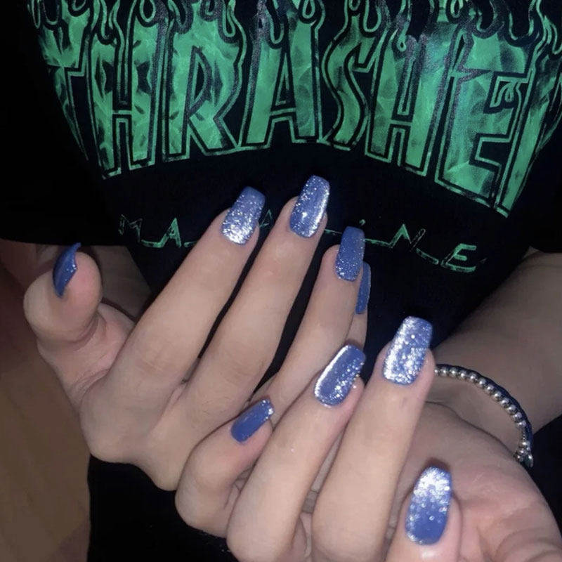 短款晶石猫眼宝蓝色假指甲片nail