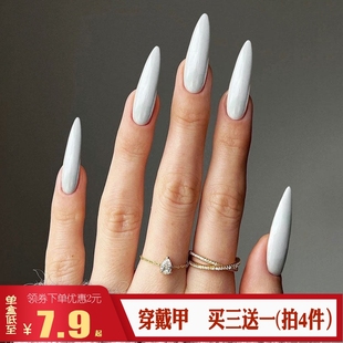 艺术加长尖头纯白色欧美风cos舞蹈拍照假指甲片成品穿戴甲贴nail