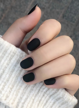 磨砂纯黑色cos短款方圆形甲片成品哑光穿戴美甲贴假指甲片可拆卸
