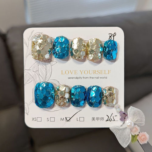 梦幻蓝金色大亮片手工穿戴甲