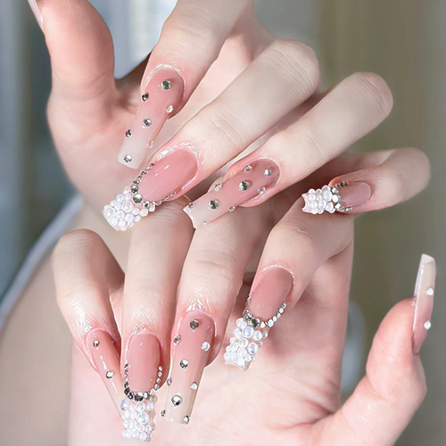 粉白色渐变法式珍珠水钻穿戴甲假指甲片温柔甜辣妹成品美甲贴新款