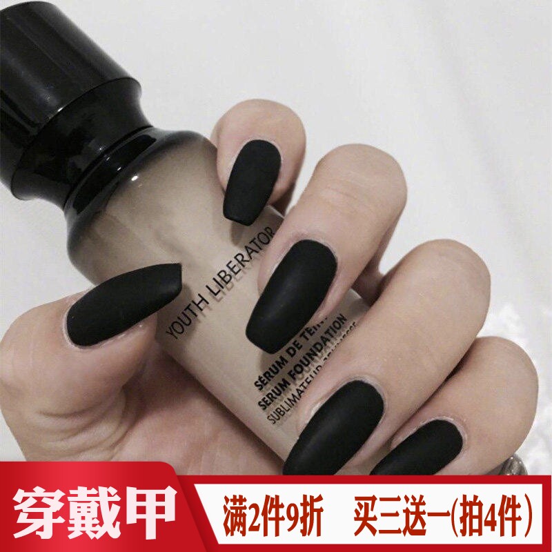纯黑色穿戴甲磨砂中梯芭蕾成品美甲片欧美辣妹简约风跨境假指甲贴