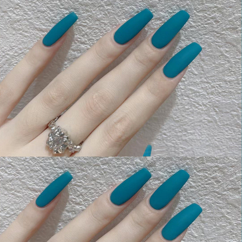 孔雀绿长t穿戴甲磨砂欧美风辣妹nails成品显白哑光纯色假指甲贴片
