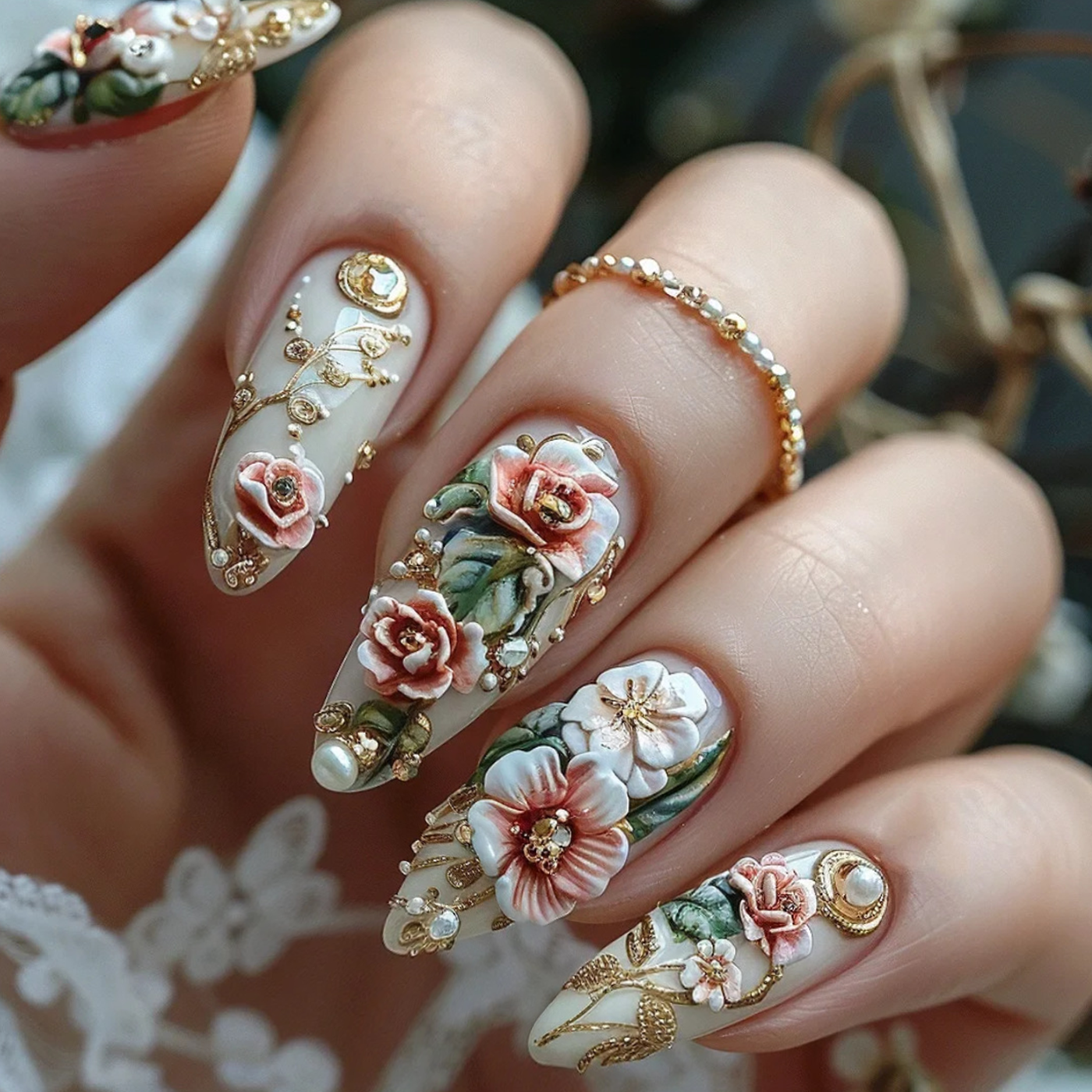 芳华牡丹穿戴美甲贴舞蹈拍照国风优雅花卉假指甲杏仁尖头成品甲片