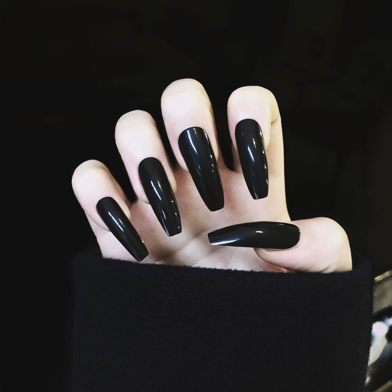 纯黑色假指甲片cos简约暗黑nail成品欧美风加长款穿戴美甲贴拆卸