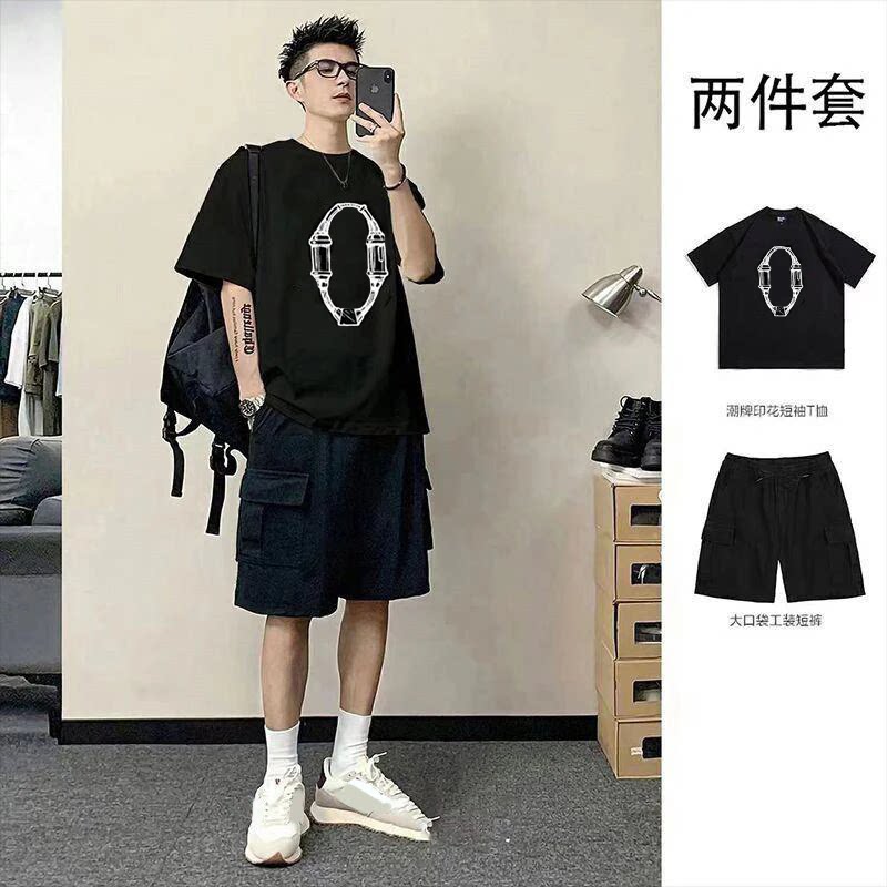 潮牌夏季套装男圆领短袖T恤一套搭配工装短裤两件套帅气特别百搭