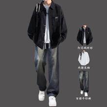 灯芯绒衬衫男士春秋季套装青少年学生男装穿搭一整套高级感痞帅气