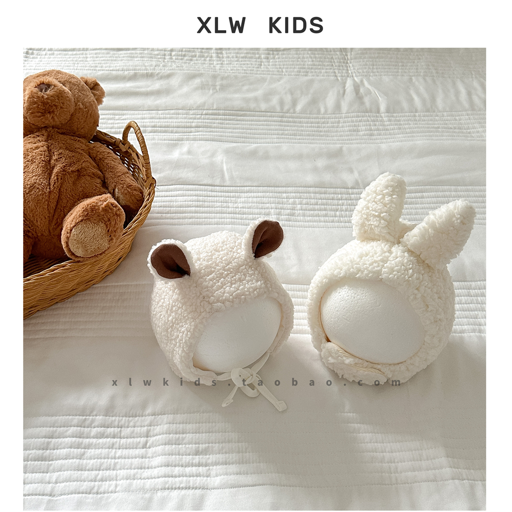 ins婴儿毛绒帽子冬季韩版可爱兔子保暖加绒套头男女宝宝护耳胎帽