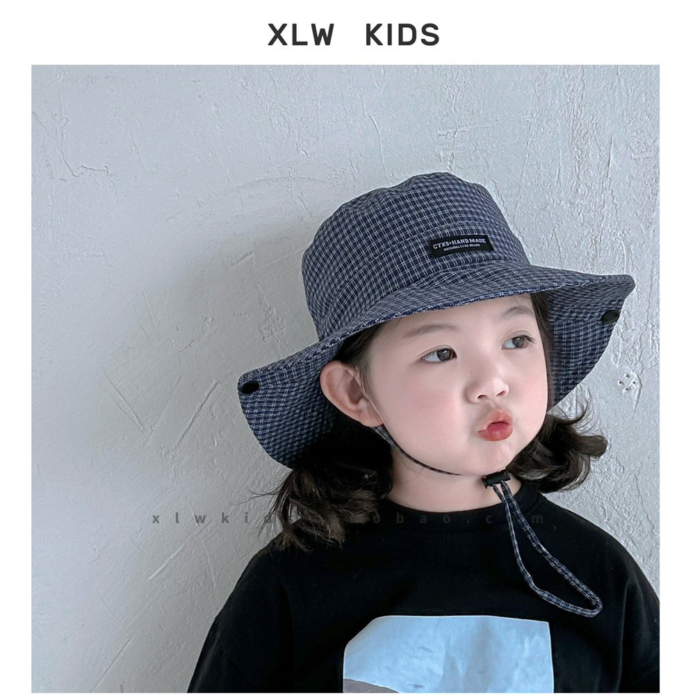 韩系ins风儿童格子渔夫帽