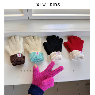可触屏~韩系儿童针织羊绒手套冬季新款加绒保暖加厚分指毛线手套