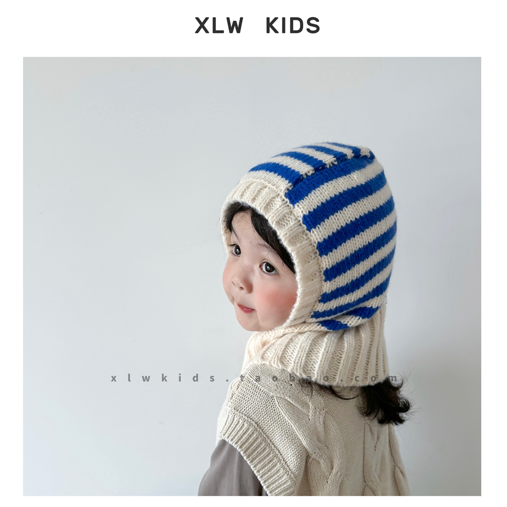 儿童条纹拉法套头帽护颈一体针织