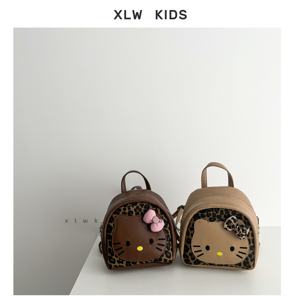 ins风韩版小众黑皮KT猫儿童双肩包豹纹迷你可爱少女复古洋气背包