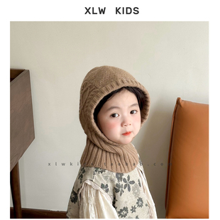 巴拉克法帽儿童帽子围脖一体帽秋冬宝宝个性菱形格连帽围巾毛线帽