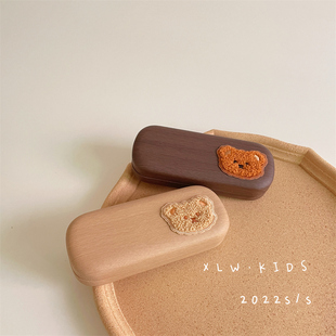 ins小熊复古木色系眼镜盒森系文艺纹木质感防压墨镜盒纯色收纳盒