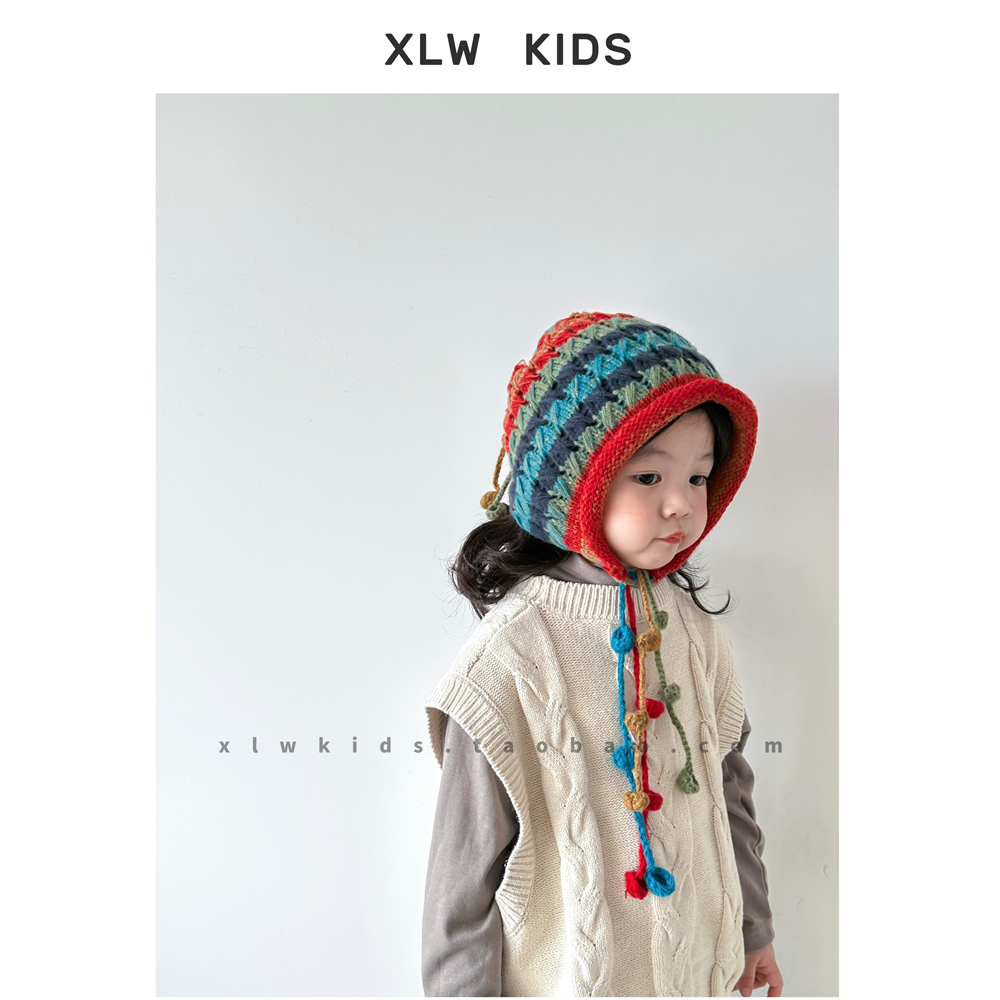 ins风儿童复古手工针织帽秋冬男女童宝宝彩色流苏球球毛线护耳帽